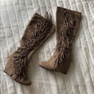 Knee High Fringe Suede High Heel Brown Boot